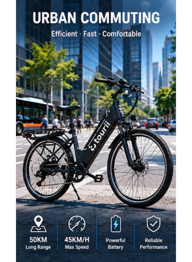 توري Tourii F26 دراجة نارية كهربائية  دراجة كهربائية للبالغين  750W محرك بدون فرشاة ، 26 * 1.95 "الإطارات ، بطارية 48V 10Ah ، سرعة أقصى 45KM / H ، نطاق كهربائي نقي 20-30KM ، نطاق مساعدة دواسة 45-55KM ، فرامل قرص مزدوج ، شاشة LCD - Image 5