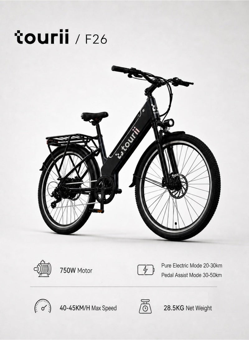 توري Tourii F26 دراجة نارية كهربائية  دراجة كهربائية للبالغين  750W محرك بدون فرشاة ، 26 * 1.95 "الإطارات ، بطارية 48V 10Ah ، سرعة أقصى 45KM / H ، نطاق كهربائي نقي 20-30KM ، نطاق مساعدة دواسة 45-55KM ، فرامل قرص مزدوج ، شاشة LCD - Image 1