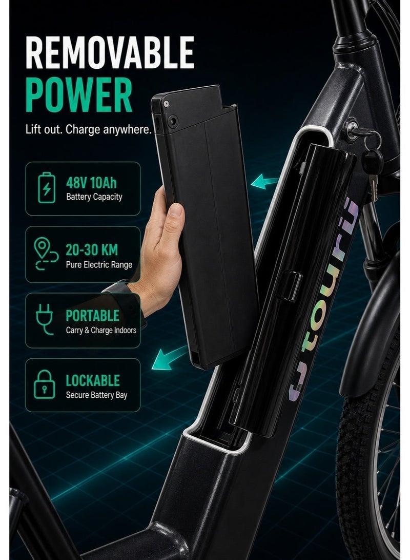 توري Tourii F26 دراجة نارية كهربائية  دراجة كهربائية للبالغين  750W محرك بدون فرشاة ، 26 * 1.95 "الإطارات ، بطارية 48V 10Ah ، سرعة أقصى 45KM / H ، نطاق كهربائي نقي 20-30KM ، نطاق مساعدة دواسة 45-55KM ، فرامل قرص مزدوج ، شاشة LCD - Image 3