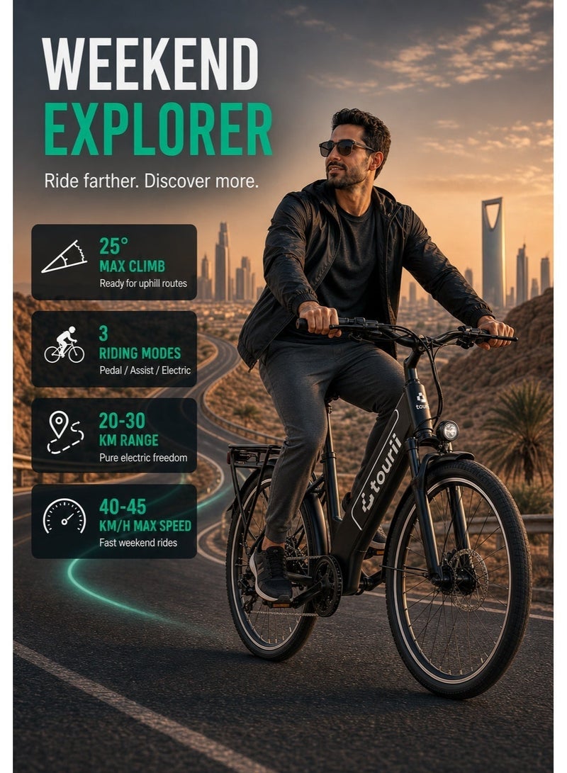 توري Tourii F26 دراجة نارية كهربائية  دراجة كهربائية للبالغين  750W محرك بدون فرشاة ، 26 * 1.95 "الإطارات ، بطارية 48V 10Ah ، سرعة أقصى 45KM / H ، نطاق كهربائي نقي 20-30KM ، نطاق مساعدة دواسة 45-55KM ، فرامل قرص مزدوج ، شاشة LCD - Image 2