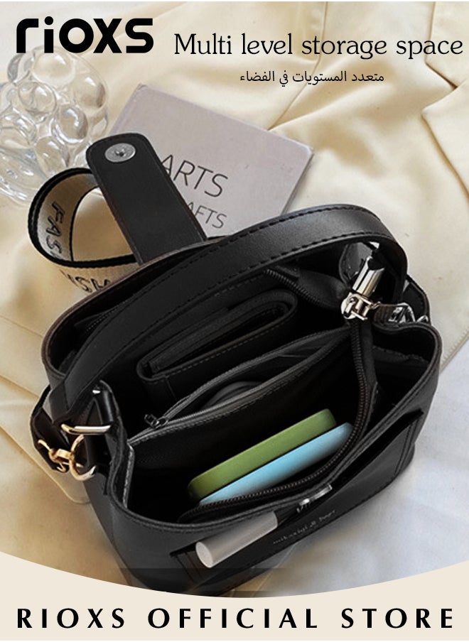 RIOXS Women's Multifunctional Bucket Bag with Zipper Closure, Retro Tote Shoulder Bag, Small Trendy Crossbody Bag with a Zipped Pocket Inside, Made of PU Leather with Clean Edges and Seams, Perfect for Using in Office, Dating or Other Daily Occasions, 19*12*17.5CM  - Image 4