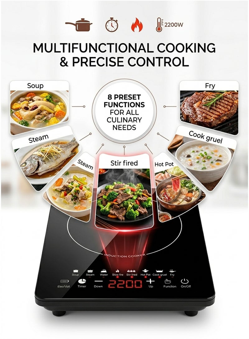 CUBEXELL Portable Induction Cooktop Intelligent Touch Glass Panel Low Noise Hot Plate 2200W Single Burner Cooktop High-temperature Resistant Cookware, Multi-functional Cooking Energy-saving Black. - Image 2