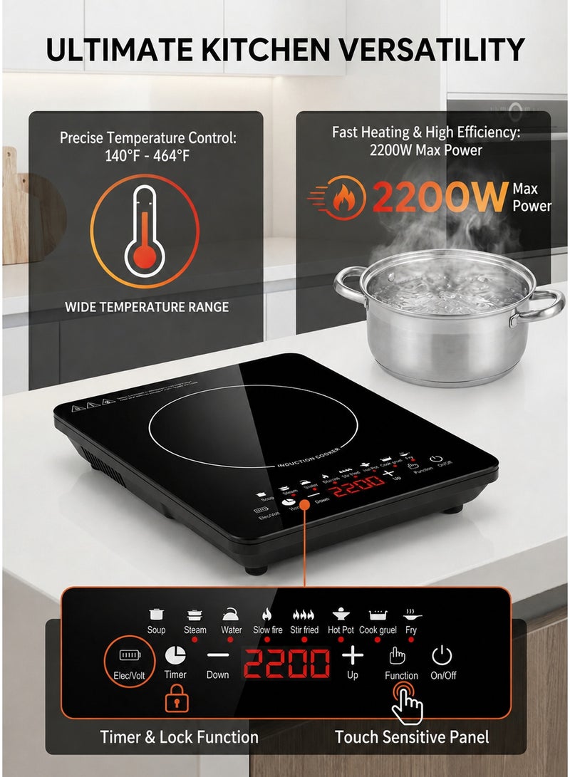 CUBEXELL Portable Induction Cooktop Intelligent Touch Glass Panel Low Noise Hot Plate 2200W Single Burner Cooktop High-temperature Resistant Cookware, Multi-functional Cooking Energy-saving Black. - Image 5