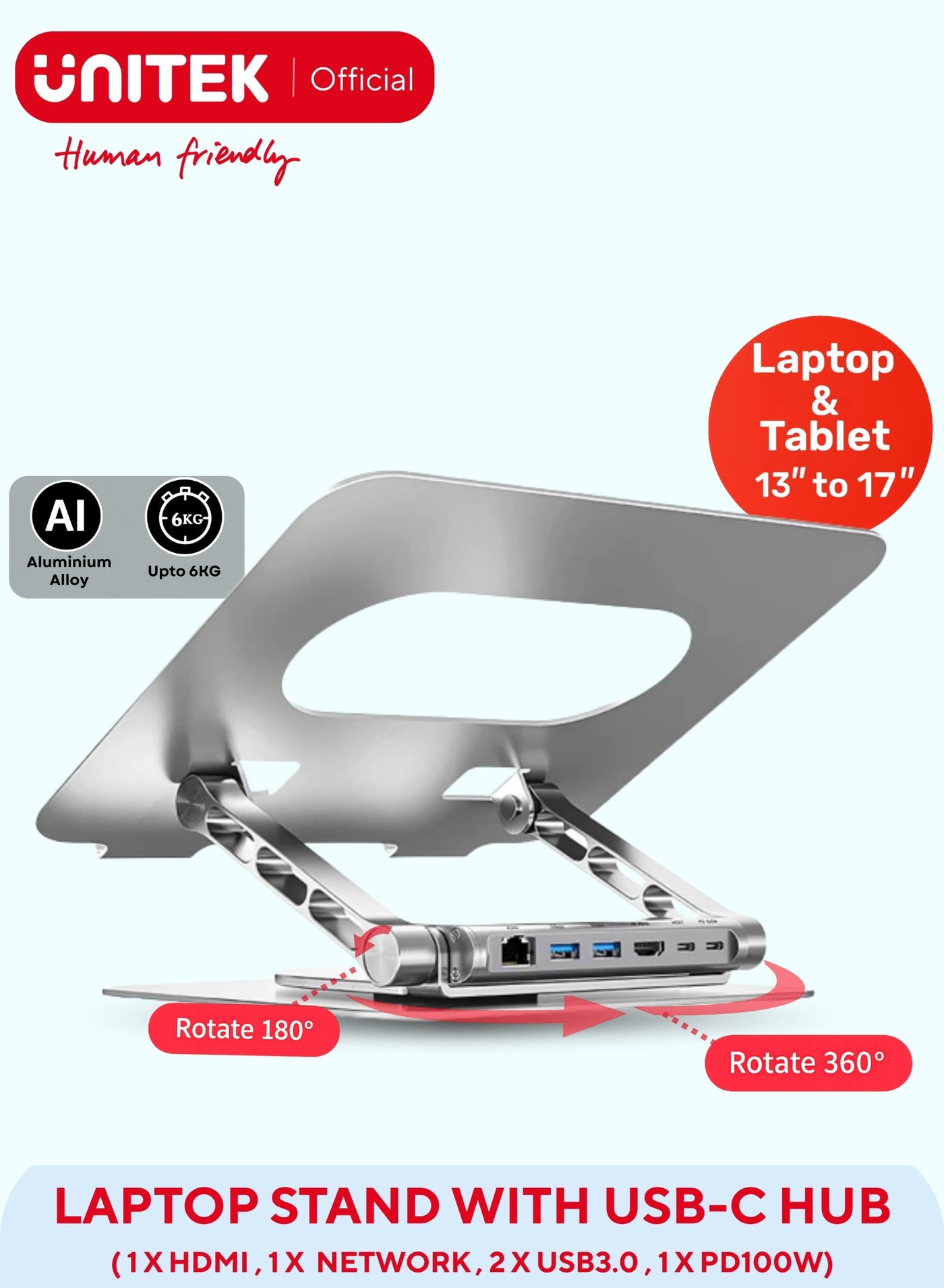 UNITEK 360° Rotating Laptop Stand with USB-C Hub (2*USB3.0 + HDMI 4K 30Hz + Megabit Ethernet + PD100W)