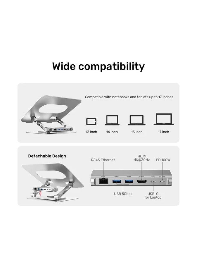 UNITEK - 360° Rotating Laptop Stand with USB-C Hub (2*USB3.0 + HDMI 4K 30Hz + Megabit Ethernet + PD100W) - Image 1