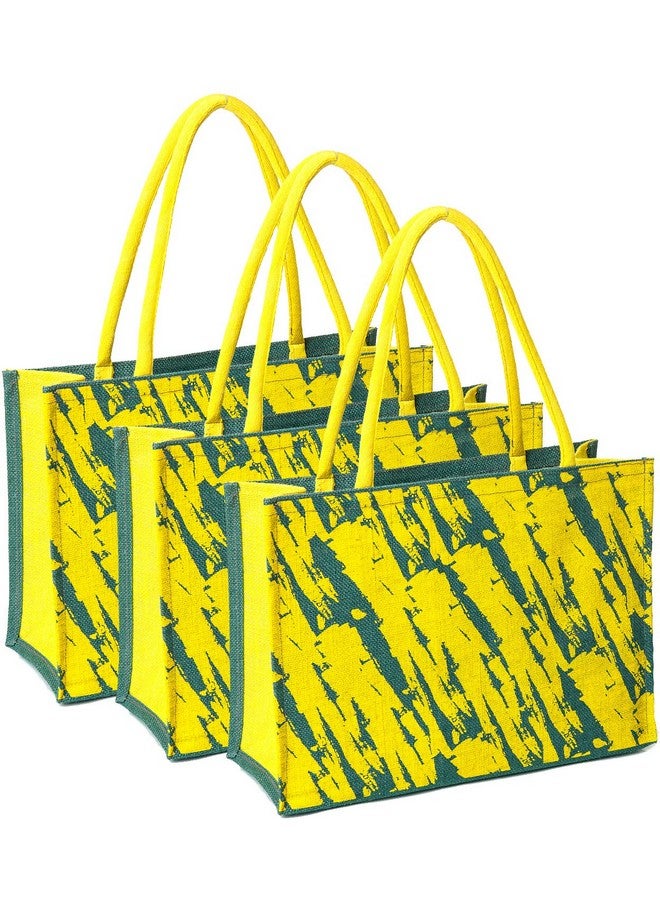H&B Jute Shopping Bag - Reusable Grocery Bag | Grocery Shopping Bag Large | Shopper Tote | Shopping bags for Grocery - Brush Stroke (Combo of 3 - Yellow) - Image 1