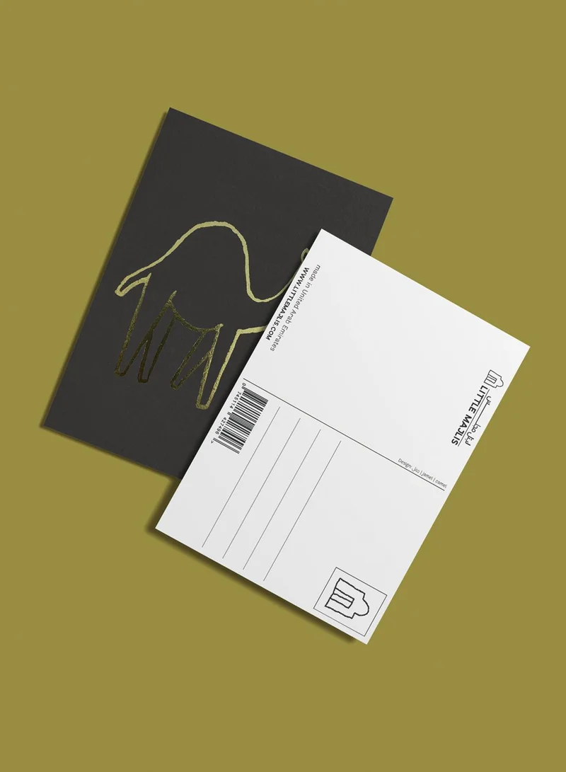 Little Majlis Postcard, camel gold on grey