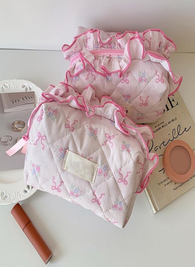 Arvintas Quilted Makeup Bag, Cute Pouch Travel Toiletry Period Bag, Pink bow Zipper Make Up Pouch for Women Girls (Style 2) - Image 3