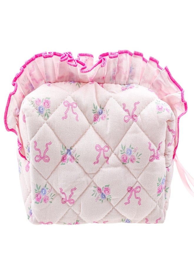 Arvintas Quilted Makeup Bag, Cute Pouch Travel Toiletry Period Bag, Pink bow Zipper Make Up Pouch for Women Girls (Style 2) - Image 1