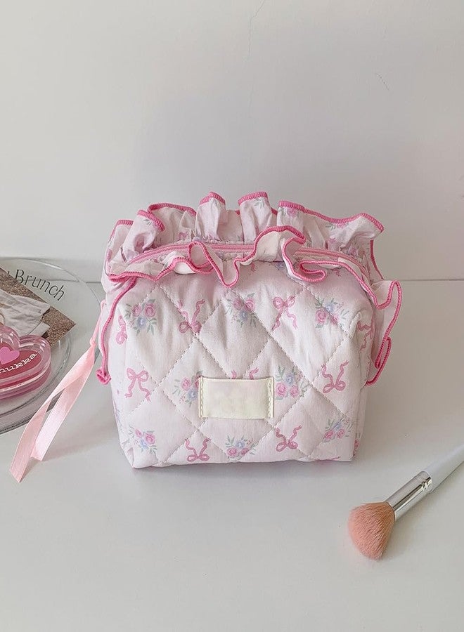Arvintas Quilted Makeup Bag, Cute Pouch Travel Toiletry Period Bag, Pink bow Zipper Make Up Pouch for Women Girls (Style 2) - Image 4