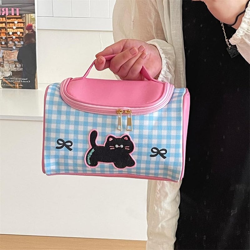Blue Pink Cartoon Kitten Makeup Bag Large Capacity Travel Cosmetic Toiletry Wash Bag - Image 2