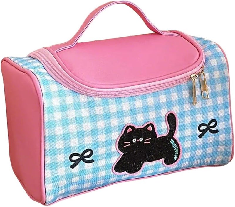 Blue Pink Cartoon Kitten Makeup Bag Large Capacity Travel Cosmetic Toiletry Wash Bag - Image 1