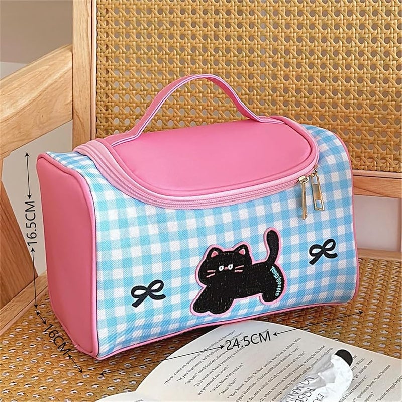 Blue Pink Cartoon Kitten Makeup Bag Large Capacity Travel Cosmetic Toiletry Wash Bag - Image 3