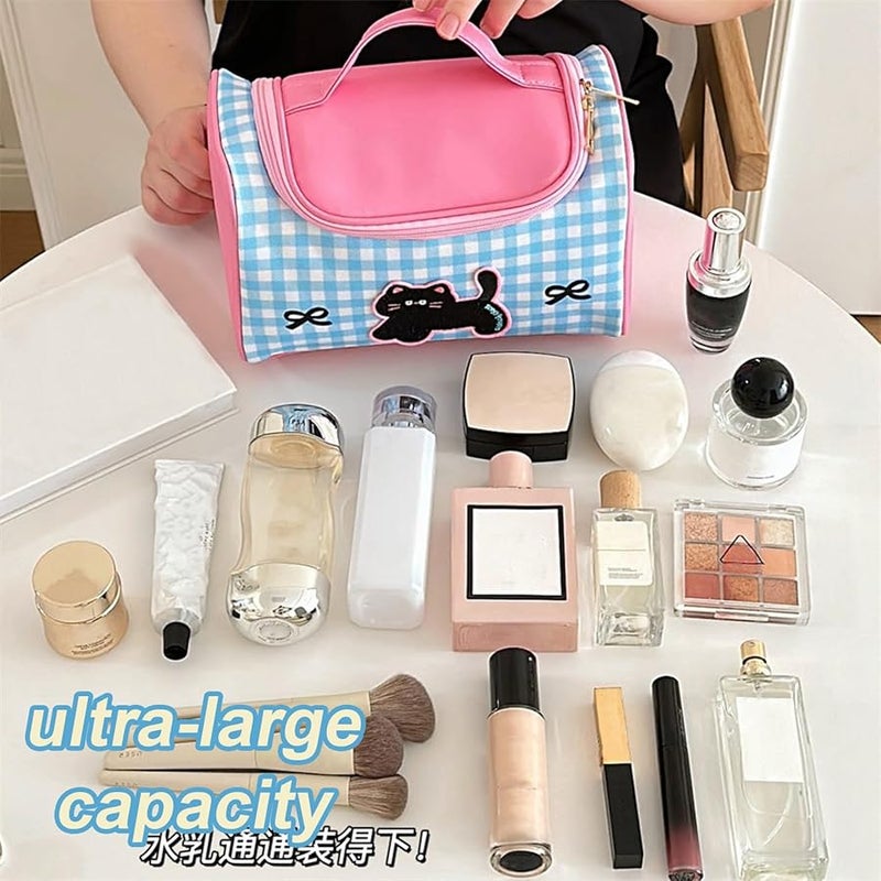 Blue Pink Cartoon Kitten Makeup Bag Large Capacity Travel Cosmetic Toiletry Wash Bag - Image 4