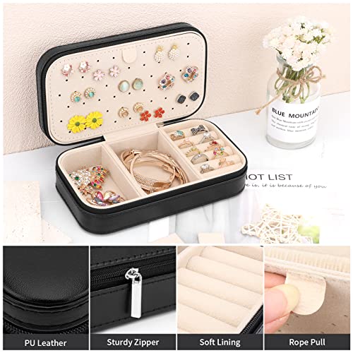 DesignSter Travel Jewelry Box, PU Leather Portable Jewelry Case, Small Jewelry Boxes for Gifts, Travel Jewelry Organizer for Women Rings Earrings Necklaces Bracelets (Black) - Image 3