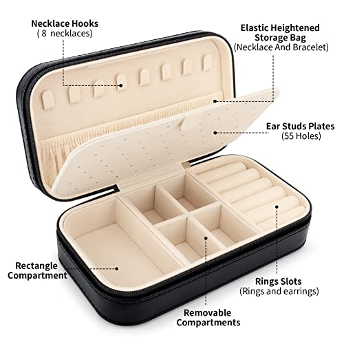 DesignSter Travel Jewelry Box, PU Leather Portable Jewelry Case, Small Jewelry Boxes for Gifts, Travel Jewelry Organizer for Women Rings Earrings Necklaces Bracelets (Black) - Image 2