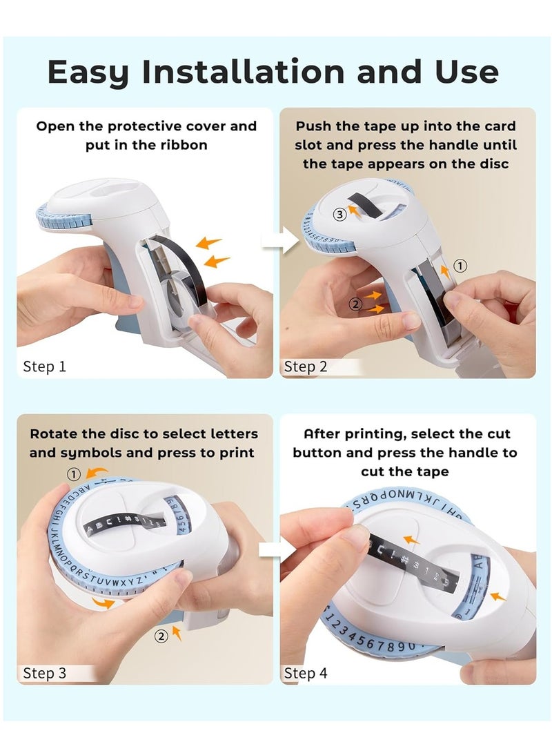 عام آلة صنع الملصقات المزخرفة مع الأشرطة، صانع الملصقات المنقوش القديم المحمول، ملصق مزخرف صغير عتيق، طابعة ملصقات محمولة للمنزل والمكتب والخارج، أزرق - Image 4