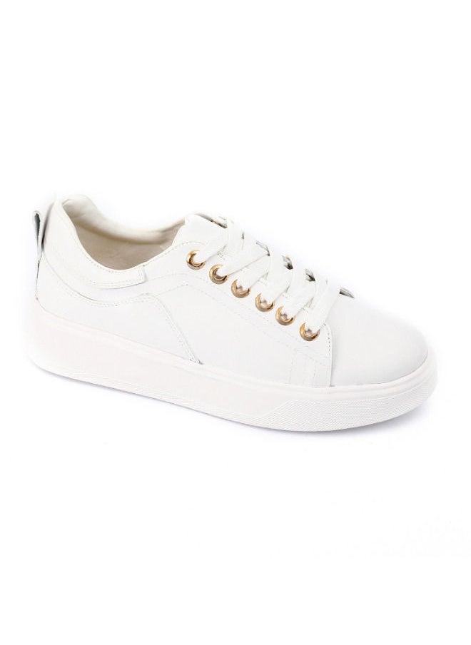 Genuine Leather Plain Lace Up Leather White Sneakers