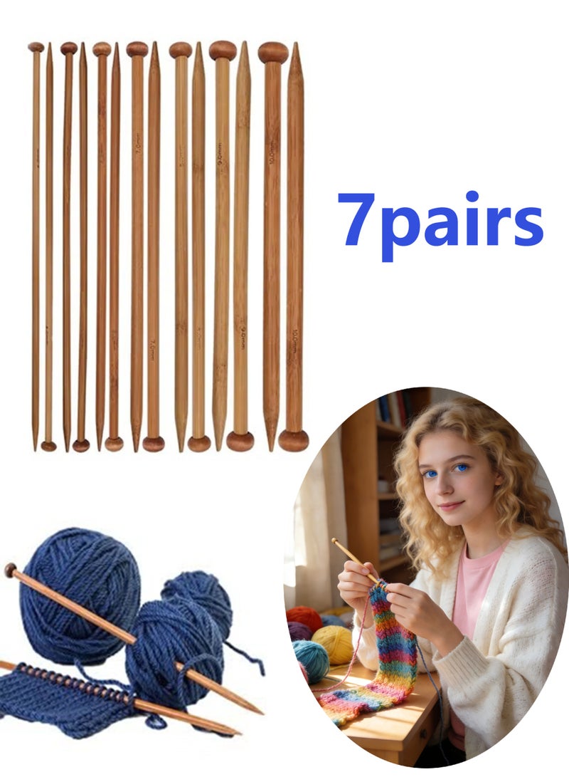 مجموعة من 7 أزواج من إبر الحياكة المصنوعة من الخيزران الطبيعي، إبر خشبية طويلة، إبر خشبية مستقيمة ذات رأس واحد، إبر خشبية للمبتدئين لصنع السترات والشالات والأوشحة - Image 1