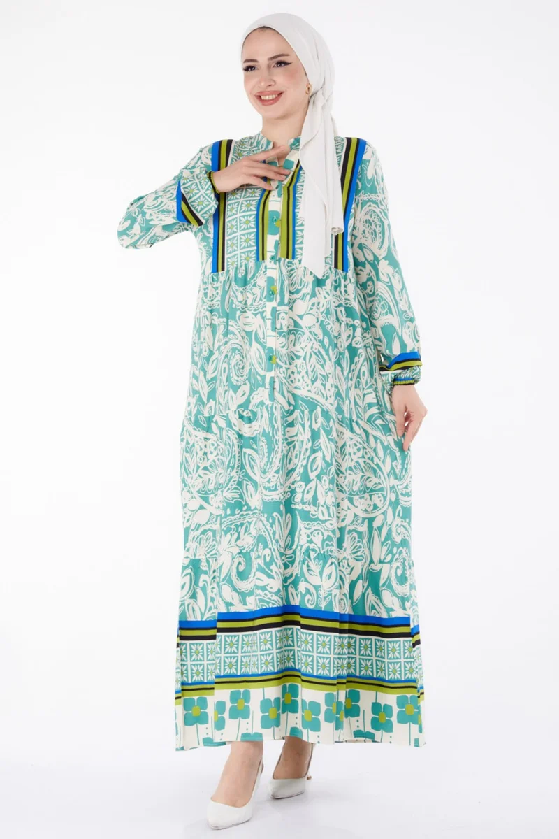 Tofisa Plain Judge Collar Women's Green Patterned Dress - 25485