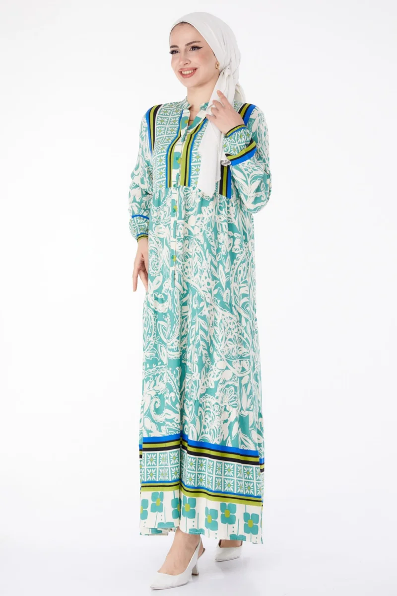Tofisa Plain Judge Collar Women's Green Patterned Dress - 25485