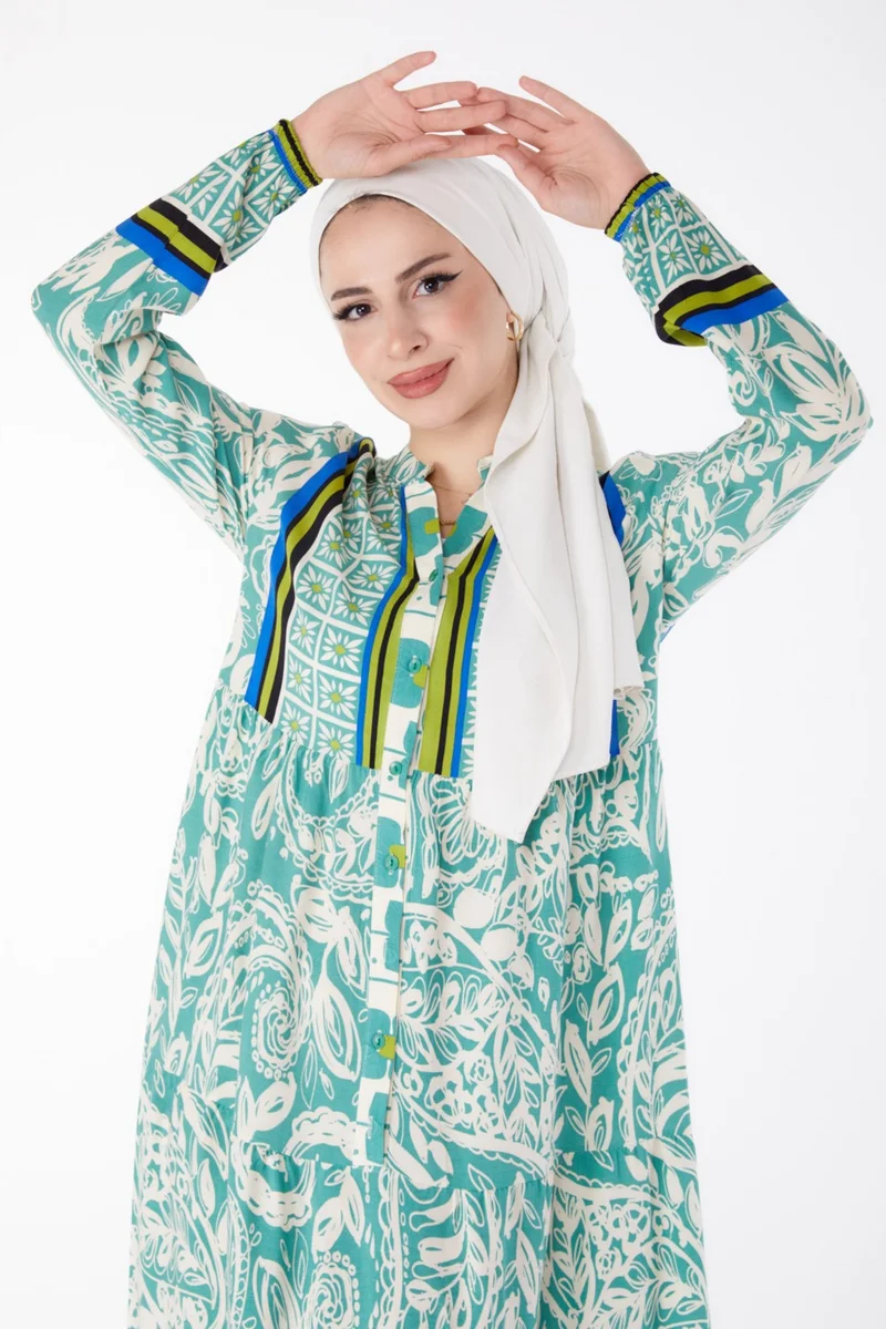 Tofisa Plain Judge Collar Women's Green Patterned Dress - 25485