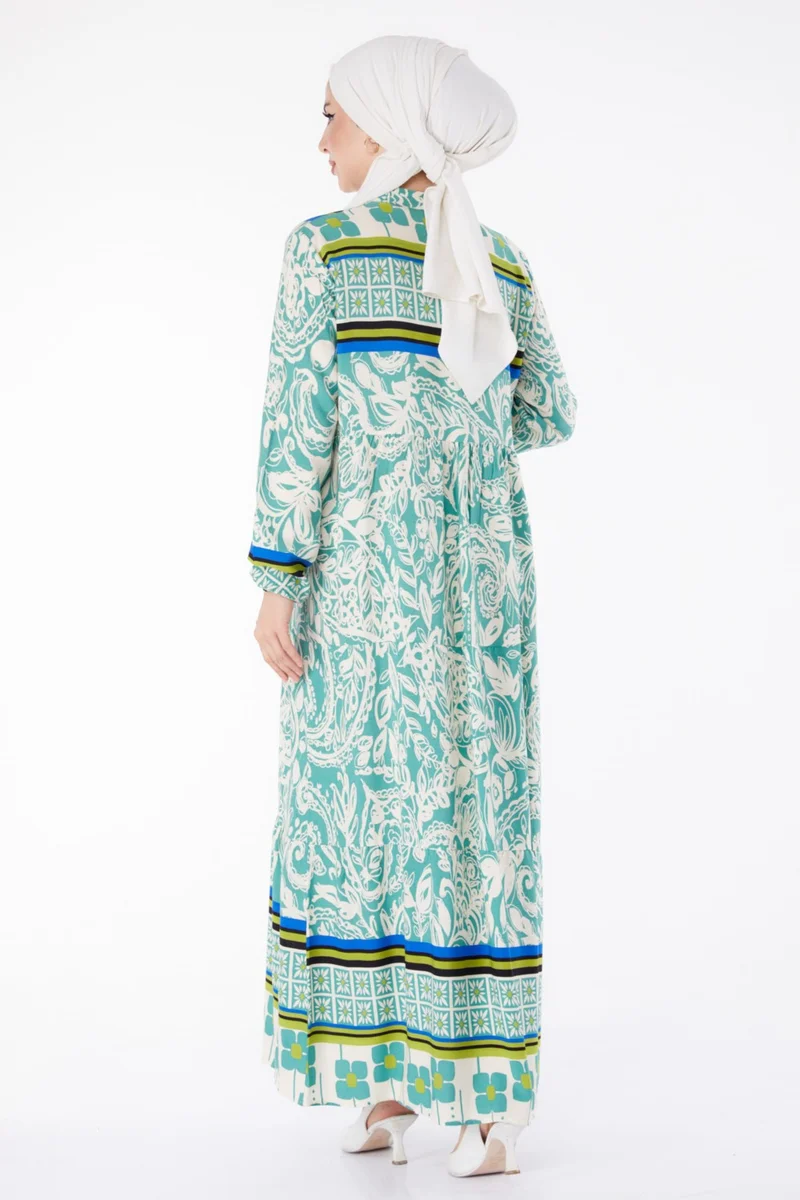 Tofisa Plain Judge Collar Women's Green Patterned Dress - 25485