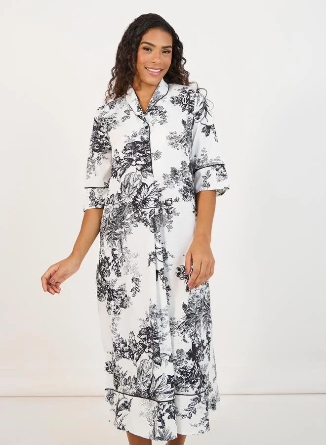 Styli Mono Floral Piped Button Through Nightshirt Dress