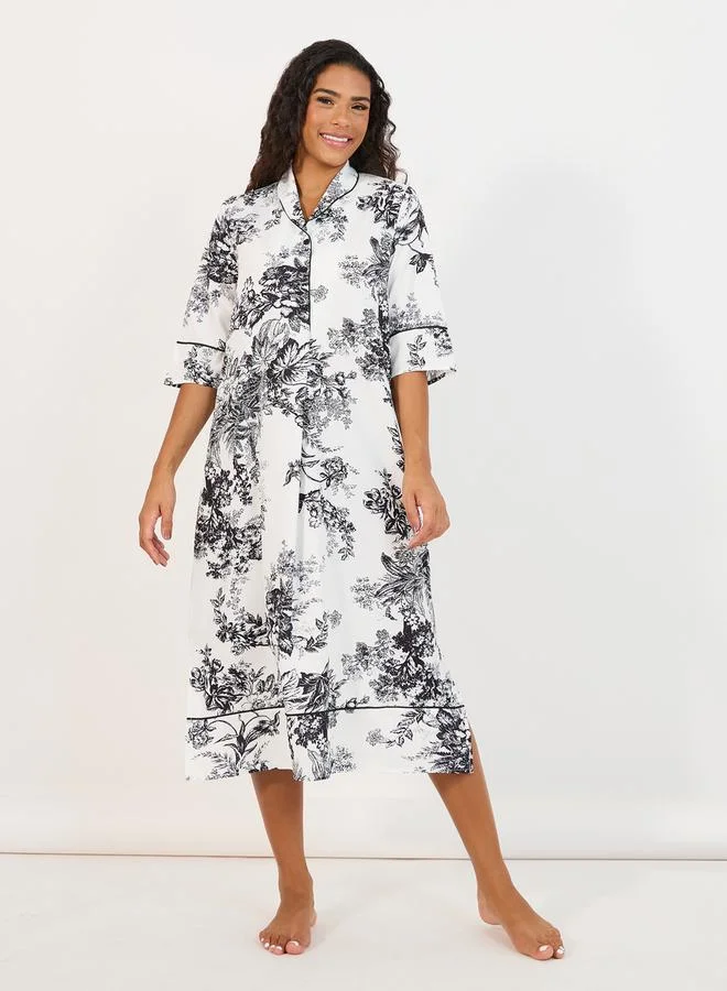 Styli Mono Floral Piped Button Through Nightshirt Dress