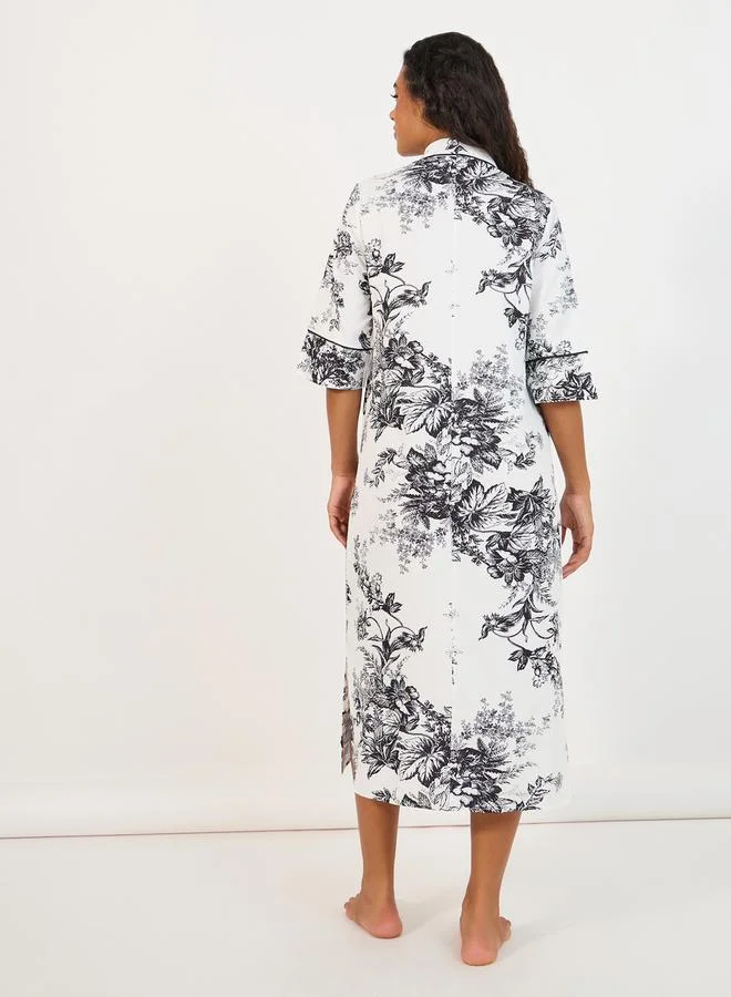 Styli Mono Floral Piped Button Through Nightshirt Dress