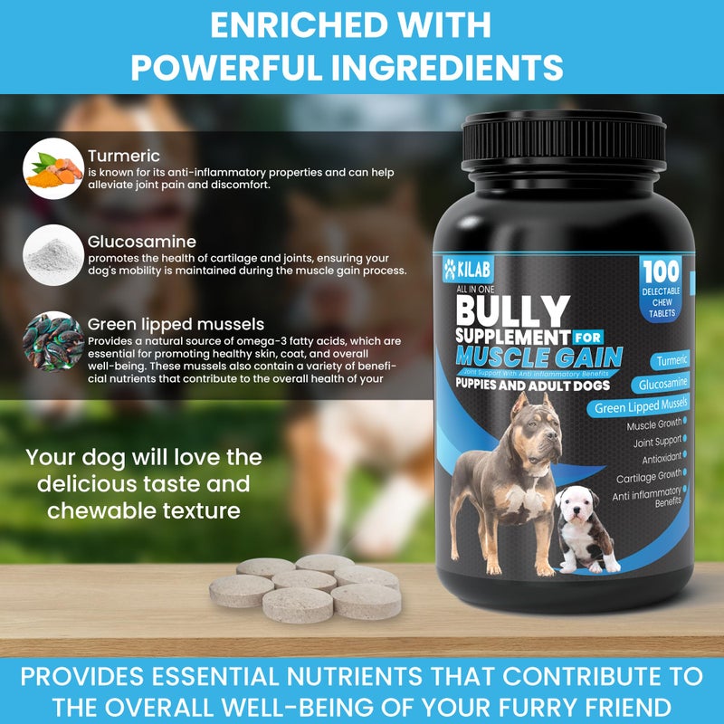 Kilab Dog Weight Gainer – 100-Count Muscle Builder Dog Supplement – Muscle Growth Supplement for Dogs, Puppies and Adults – Bully Growth Formula with Turmeric, Glucosamine, Green Lipped Mussels - Image 3