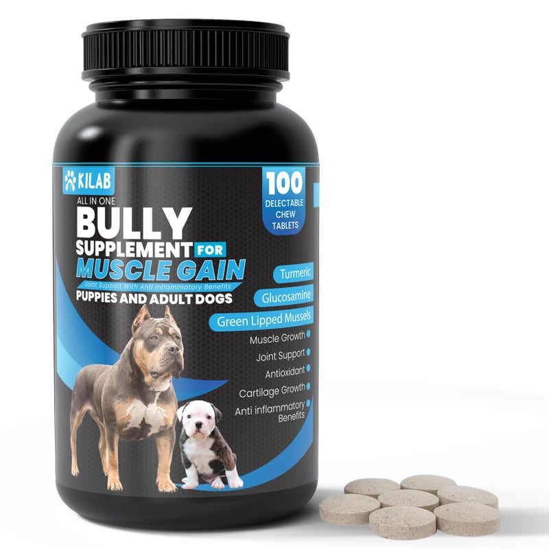 Kilab Dog Weight Gainer – 100-Count Muscle Builder Dog Supplement – Muscle Growth Supplement for Dogs, Puppies and Adults – Bully Growth Formula with Turmeric, Glucosamine, Green Lipped Mussels - Image 1