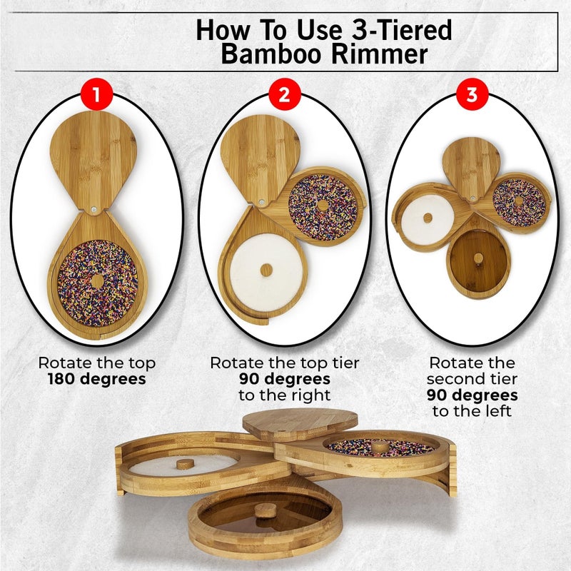 حافة زجاجية من الخيزران بثلاثة مستويات | منظم توابل ثلاثي دوار | حافة سكر وملح للكوكتيلات | إكسسوارات كوكتيل للمشروبات - Image 2