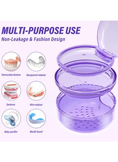 SYOSI 2 in 1 Retainer Case, Clear Denture Case with Strainer Basket, Large Denture Bath Box for Travel, Mouth Guard Cleaning Case, Braces Holder and Soak Container, Purple  - Image 2