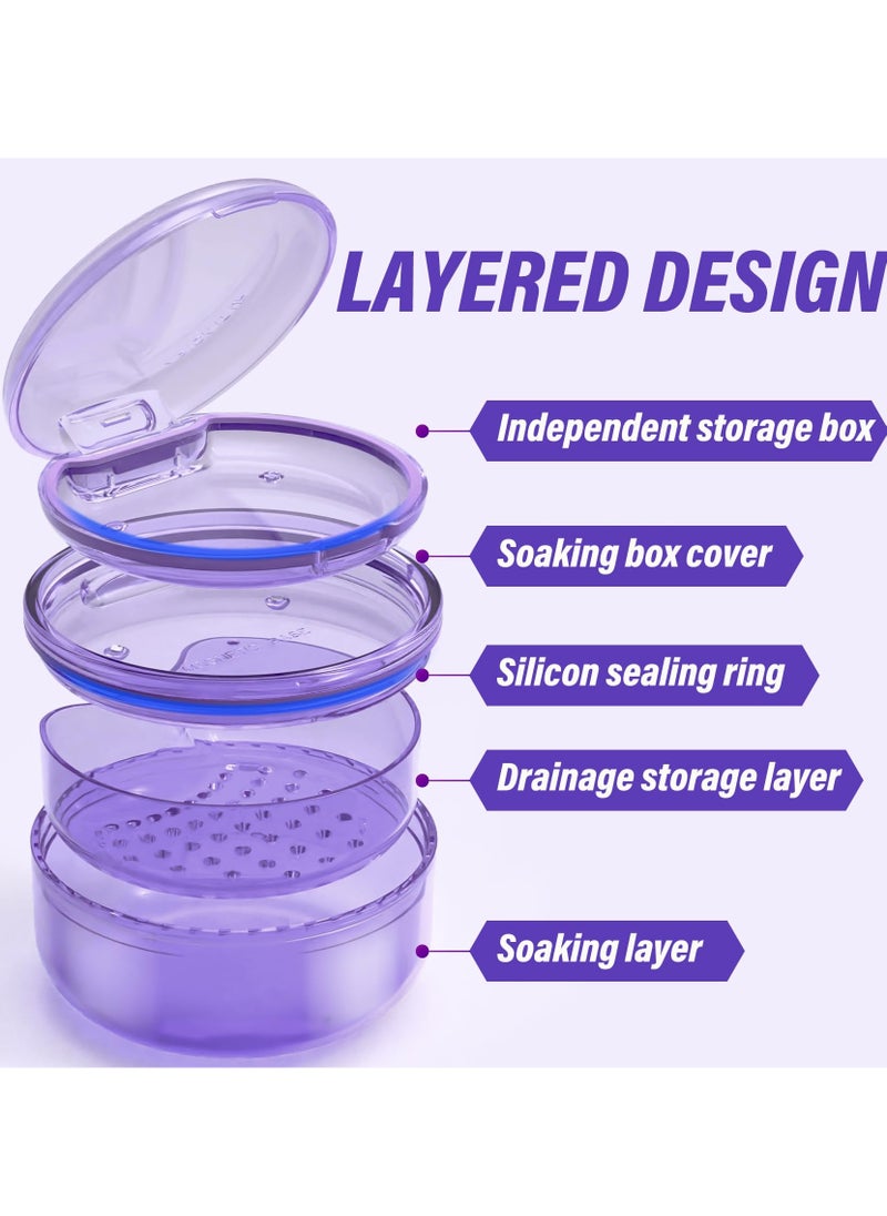 SYOSI - 2 in 1 Retainer Case, Clear Denture Case with Strainer Basket, Large Denture Bath Box for Travel, Mouth Guard Cleaning Case, Braces Holder and Soak Container, Purple - Image 1