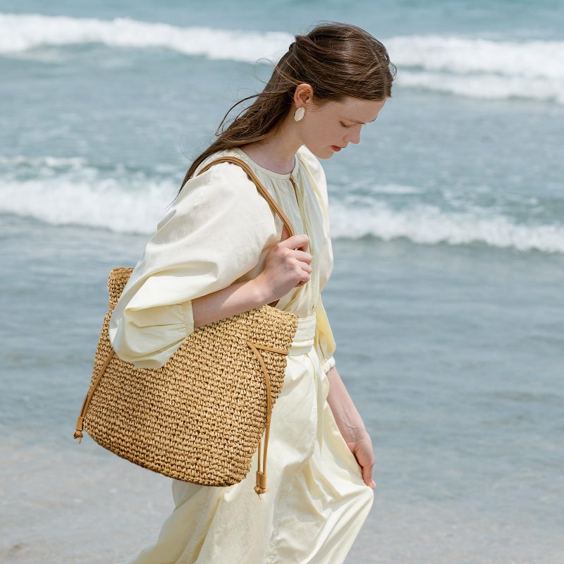 NEWROGENG Hand Woven Straw Purses for Women 2025, Adjustable Large Beach Bag Summer Beach Tote Shoulder Bag Handbag for Vacation, Khaki - Image 2