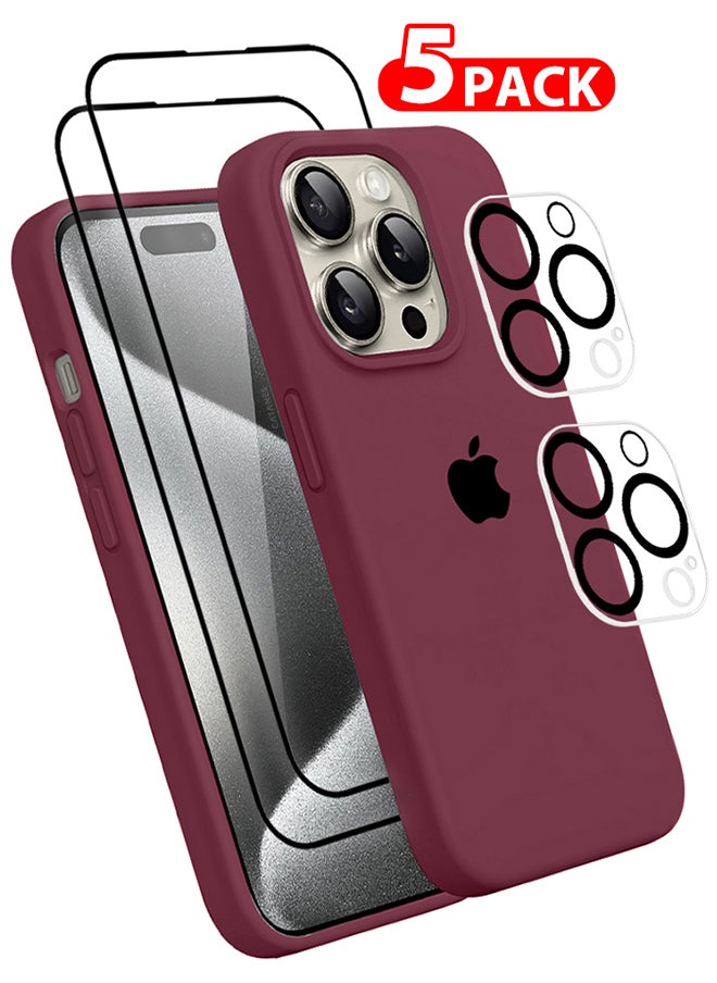 CATANES 5 Packs For iPhone 15 Pro Max Case 2 Screen Protectors and 2 Camera Lens Protectors Upgrade Defender Silicone Cover ShockProof Anti-Scratch Protective Phone Case Dark Red  - Image 1