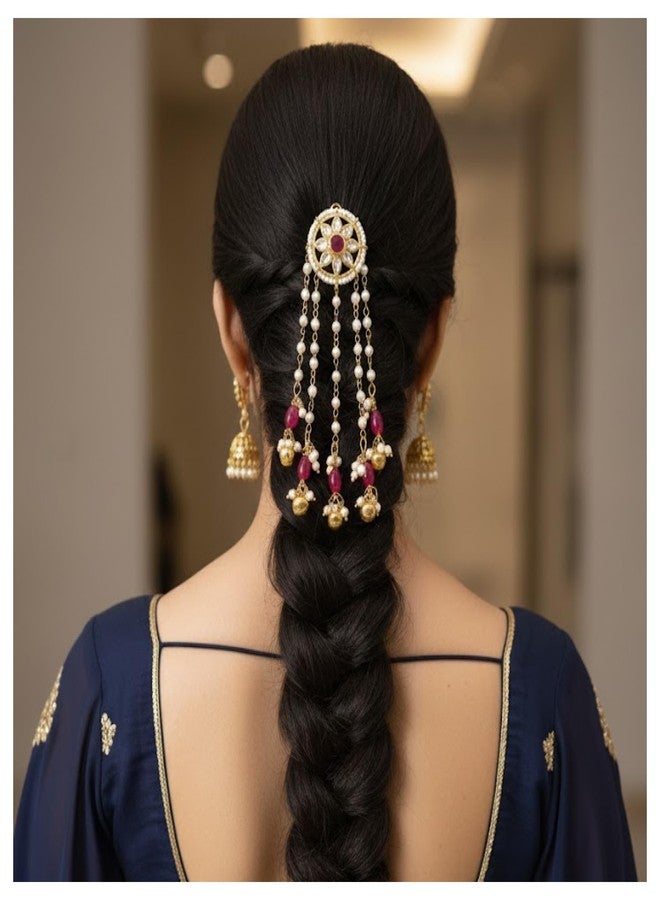 MILAPARK CRAFTS Red Kundan Pearl Bridal Juda Hair Clip for Women | Gold Plated Temple Style Bun Accessory with Ghungroo for Wedding and Special Occasions - Image 3