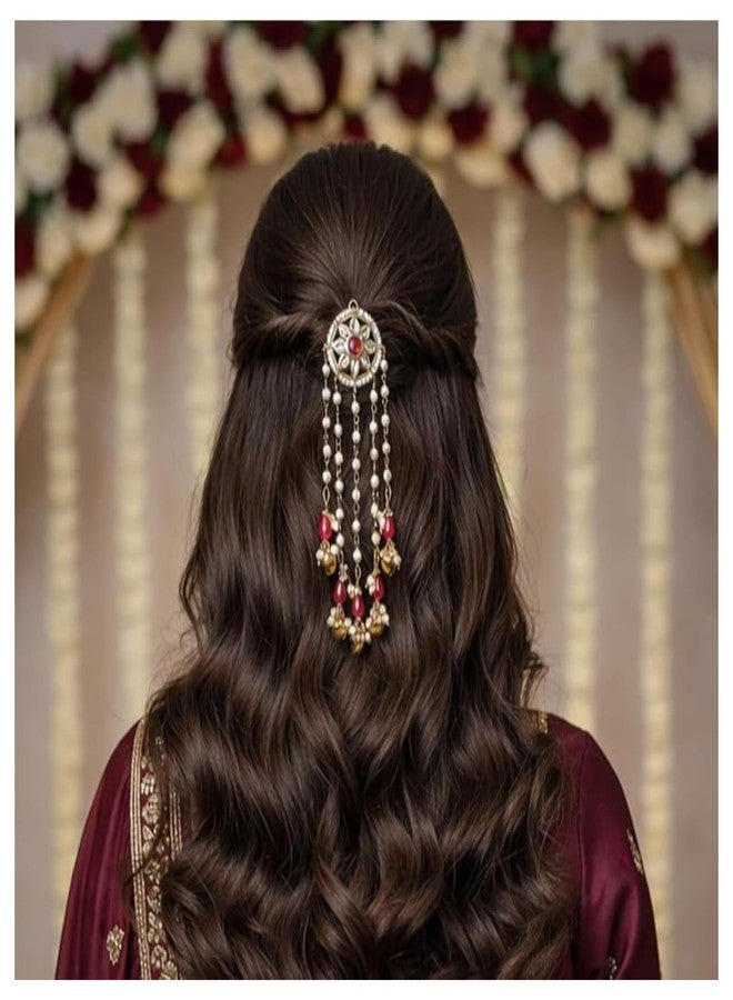 MILAPARK CRAFTS Red Kundan Pearl Bridal Juda Hair Clip for Women | Gold Plated Temple Style Bun Accessory with Ghungroo for Wedding and Special Occasions - Image 4