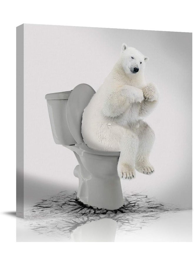 Custom Bed USA Canvas Wall Art Funny Animals Picture Prints, 12x12 inch Oil Painting Artwork Wood Gallery and Framed for Bathroom Wall Decor, Polar Bear Sitting on The Toilet - Image 1