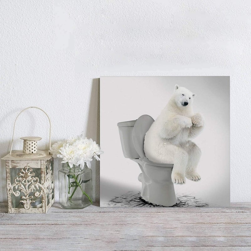 Custom Bed USA Canvas Wall Art Funny Animals Picture Prints, 12x12 inch Oil Painting Artwork Wood Gallery and Framed for Bathroom Wall Decor, Polar Bear Sitting on The Toilet - Image 4