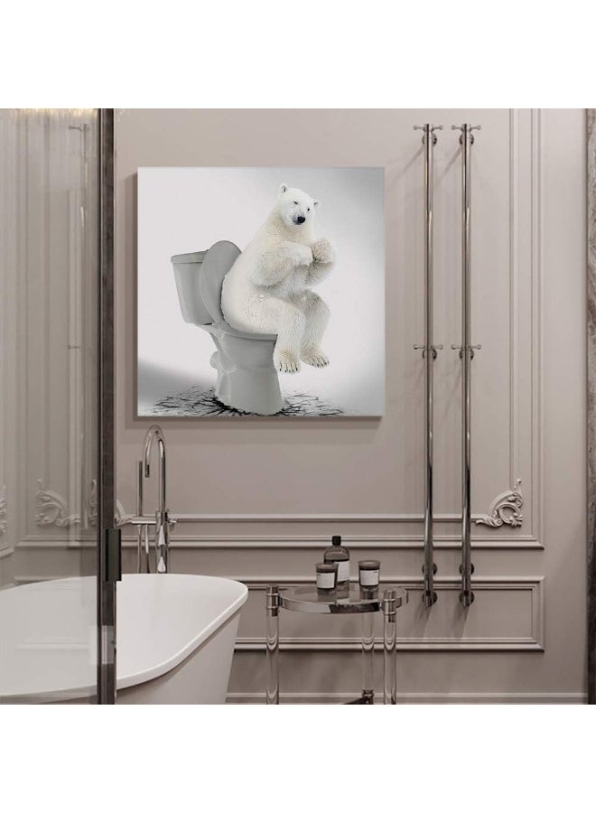 Custom Bed USA Canvas Wall Art Funny Animals Picture Prints, 12x12 inch Oil Painting Artwork Wood Gallery and Framed for Bathroom Wall Decor, Polar Bear Sitting on The Toilet - Image 5