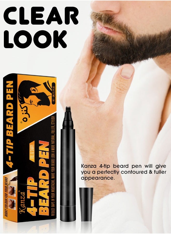 Kanza 4-Tip Beard Pen (Black) Beard & Moustache Pen and Beard Brush Combo Set Beard Filler & Shape for Home Travel & Barber Use Exclusively for Men 5ml Pen & Brush  - Image 2
