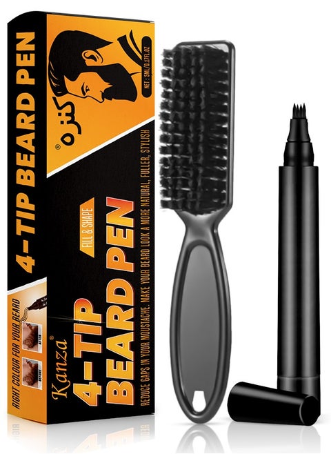 4-Tip Beard Pen (Black) Beard & Moustache Pen and Beard Brush Combo Set Beard Filler & Shape for Home Travel & Barber Use Exclusively for Men 5ml Pen & Brush