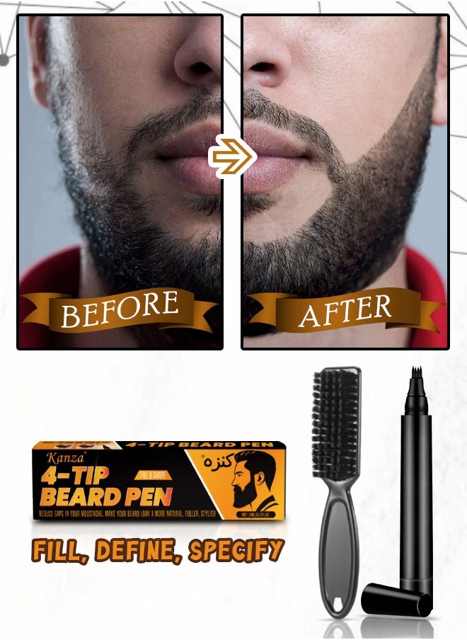 Kanza - 4-Tip Beard Pen (Black) Beard & Moustache Pen and Beard Brush Combo Set Beard Filler & Shape for Home Travel & Barber Use Exclusively for Men 5ml Pen & Brush - Image 1