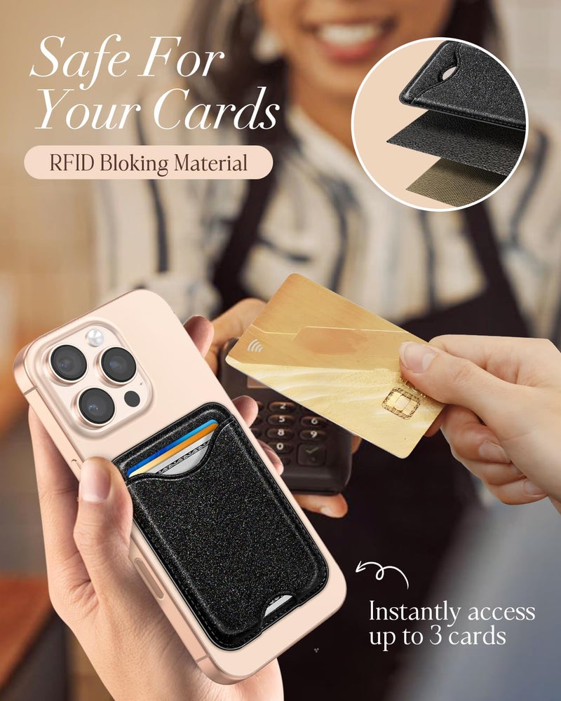 Shorogyt Compatible with Magsafe Wallet Magnetic Card Holder - Glitter Black Phone Wallets for Women Teen Girls Fashion for iPhone 17/16/15/14/13/12 Series Slim for Apple Mag RFID Magnet, Fit 3 Cards - Image 5