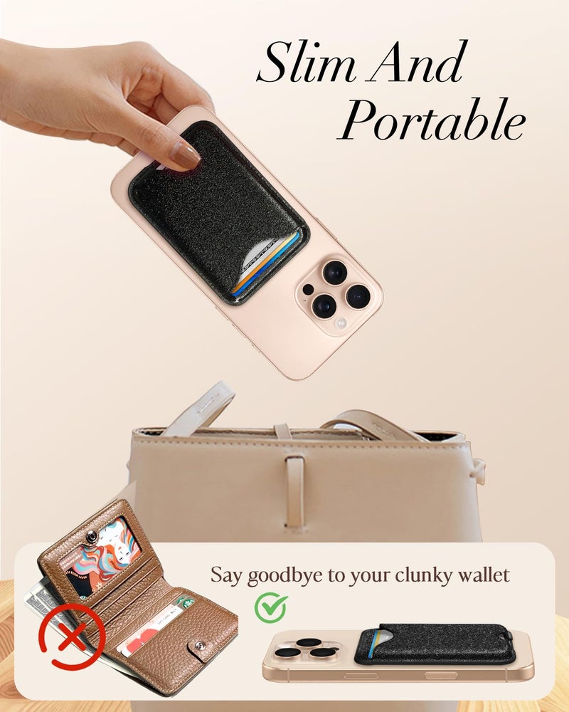 Shorogyt Compatible with Magsafe Wallet Magnetic Card Holder - Glitter Black Phone Wallets for Women Teen Girls Fashion for iPhone 17/16/15/14/13/12 Series Slim for Apple Mag RFID Magnet, Fit 3 Cards - Image 2