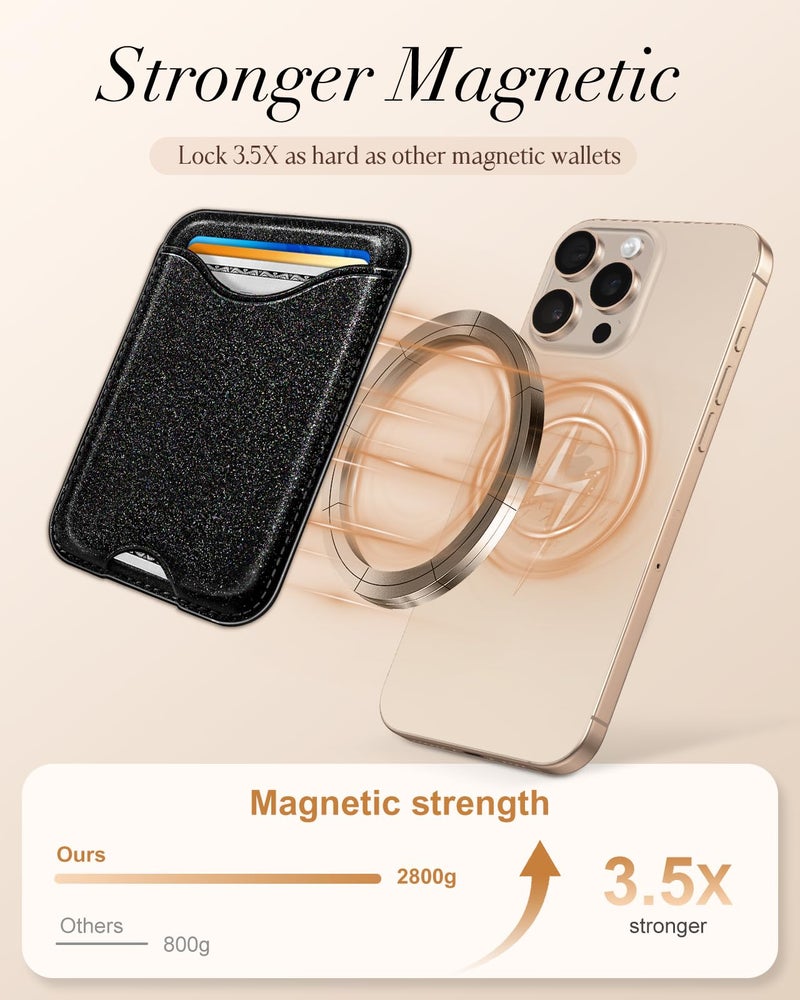 Shorogyt Compatible with Magsafe Wallet Magnetic Card Holder - Glitter Black Phone Wallets for Women Teen Girls Fashion for iPhone 17/16/15/14/13/12 Series Slim for Apple Mag RFID Magnet, Fit 3 Cards - Image 3