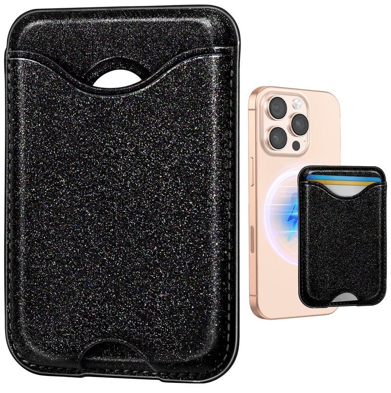 Shorogyt Compatible with Magsafe Wallet Magnetic Card Holder - Glitter Black Phone Wallets for Women Teen Girls Fashion for iPhone 17/16/15/14/13/12 Series Slim for Apple Mag RFID Magnet, Fit 3 Cards - Image 1