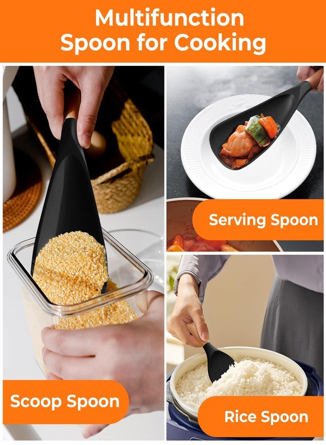 FINENUT Multifunction Silicone Spatula Spoon 2-Pack Dual-Use-Heat-Resistant 446°F BPA-Free Non-Toxic Cooking for Non-Stick Cookware,Rice Cookers,Wooden Handle Scoop/Serve Meal/Rice Spoon Set (Black) - Image 5